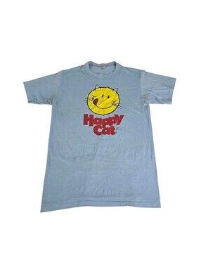 Vtg 80s Happy Cat Food Logo T Shirt Mens XL Blue Single Stitch 50/50 USA Made